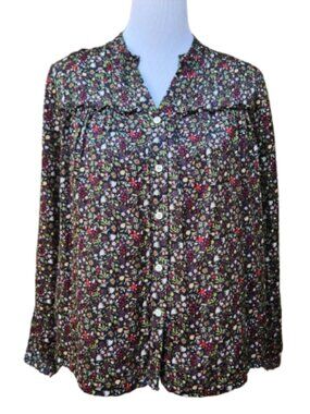 Saccharine Multicolor Dark Floral Print Button-Up Blouse Ruffle Trim Cotton Silk